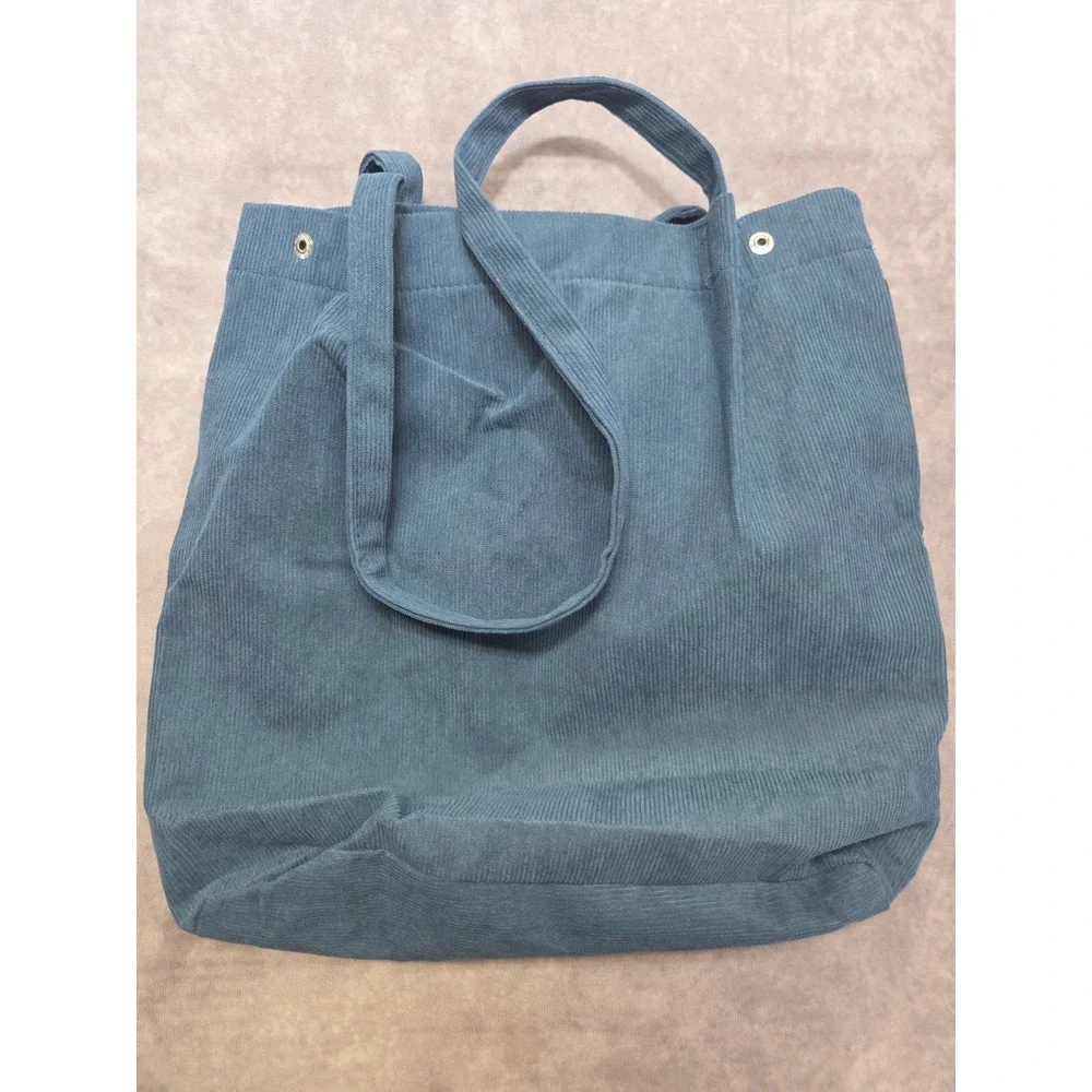 Corduroy Tote Bag Ribbed Teal 100% Cotton Eco Reusable Purse Women's 14in x 13in